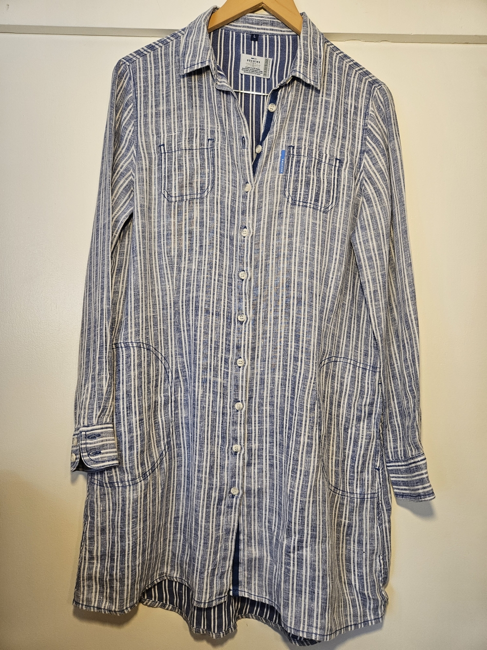 ESCALES PARIS
TRENDY Blue/White Stripe 100% linen Long Sleeve Shirt Dress